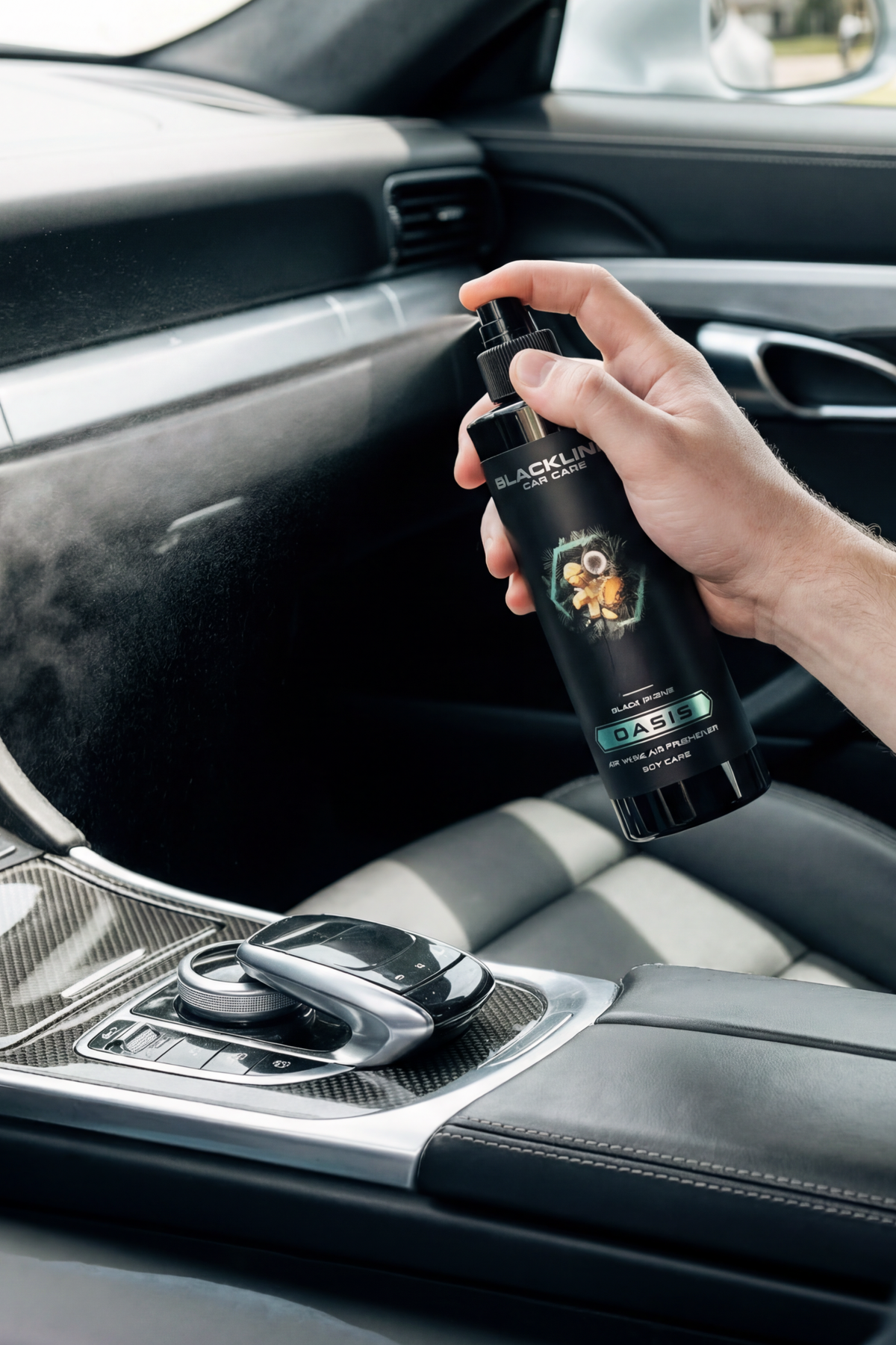 Blackline Oasis air freshener bottle resting on a vehicle center console.