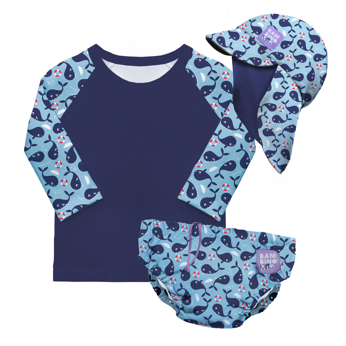 3 Piece Baby Swim Set with Swim Nappy, Swim top and Swim Hat in Blue Whale - Bambino Mio (EU)