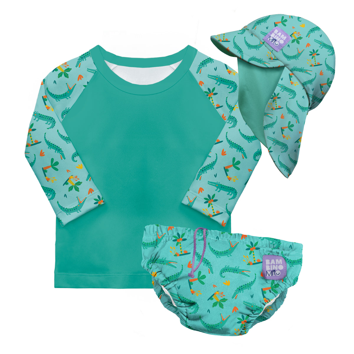 3 Piece Baby Swim Set with Swim Nappy, Swim top and Swim Hat in Crafty Croc - Bambino Mio (EU)