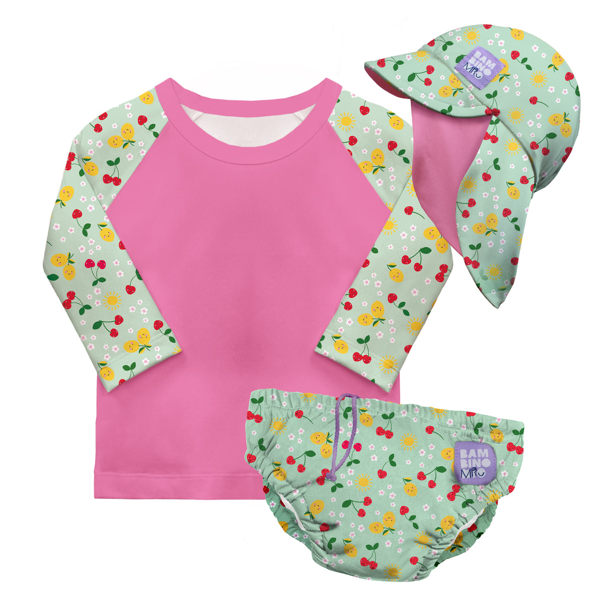3 Piece Baby Swim Set with Swim Nappy, Swim top and Swim Hat in Juicy Fruit - Bambino Mio (EU)