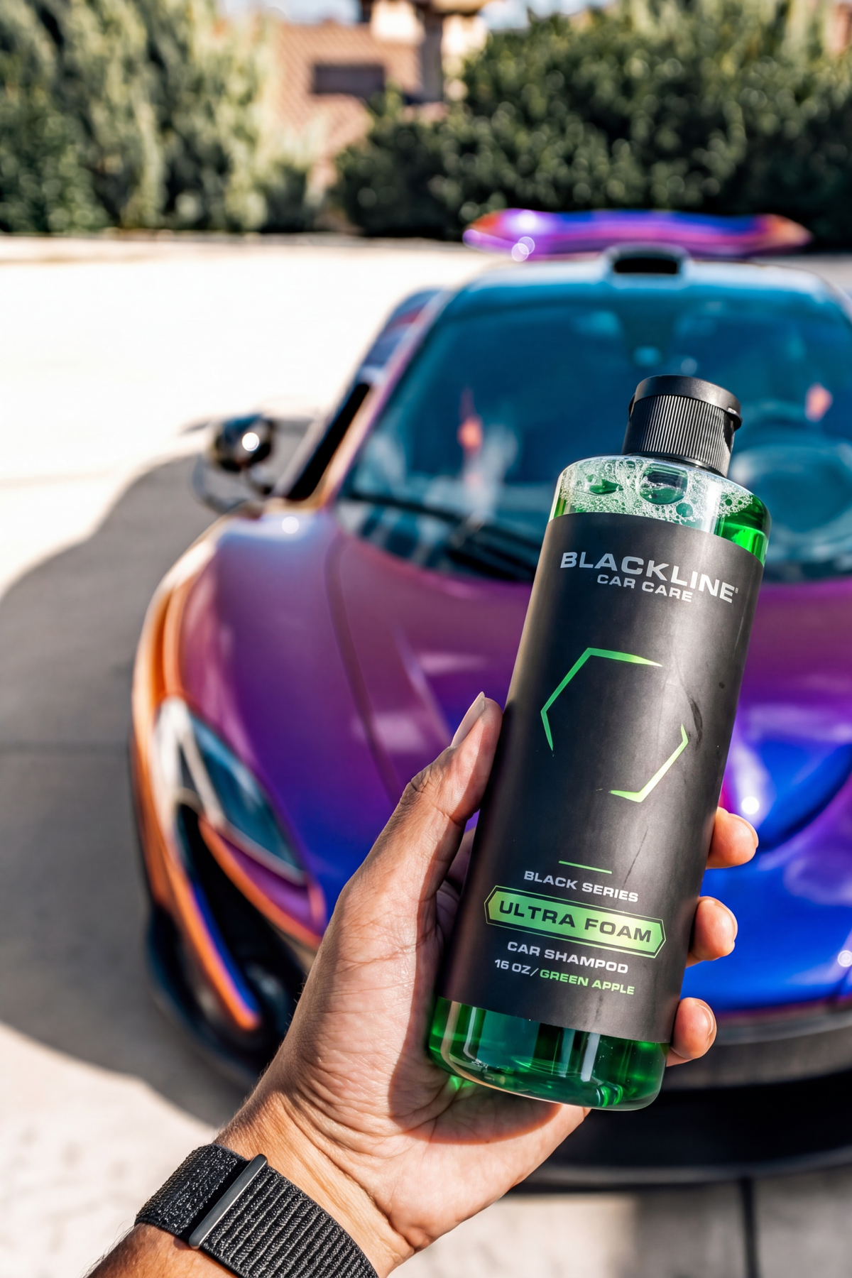 Ultra Foam Green Apple 64oz on a foam-covered car.