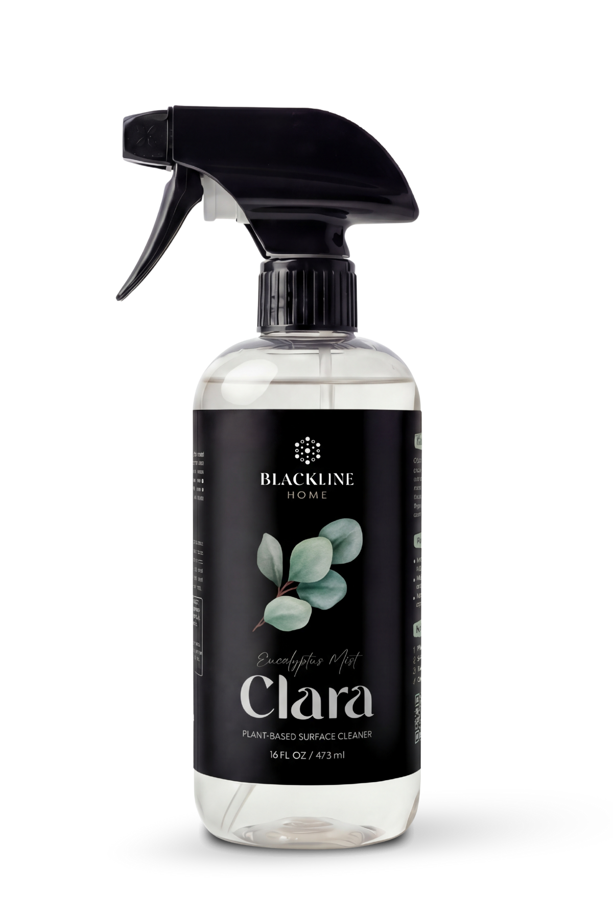 Blackline Home Clara surface cleaner in 16oz Boston-round bottle with trigger sprayer, product shot.