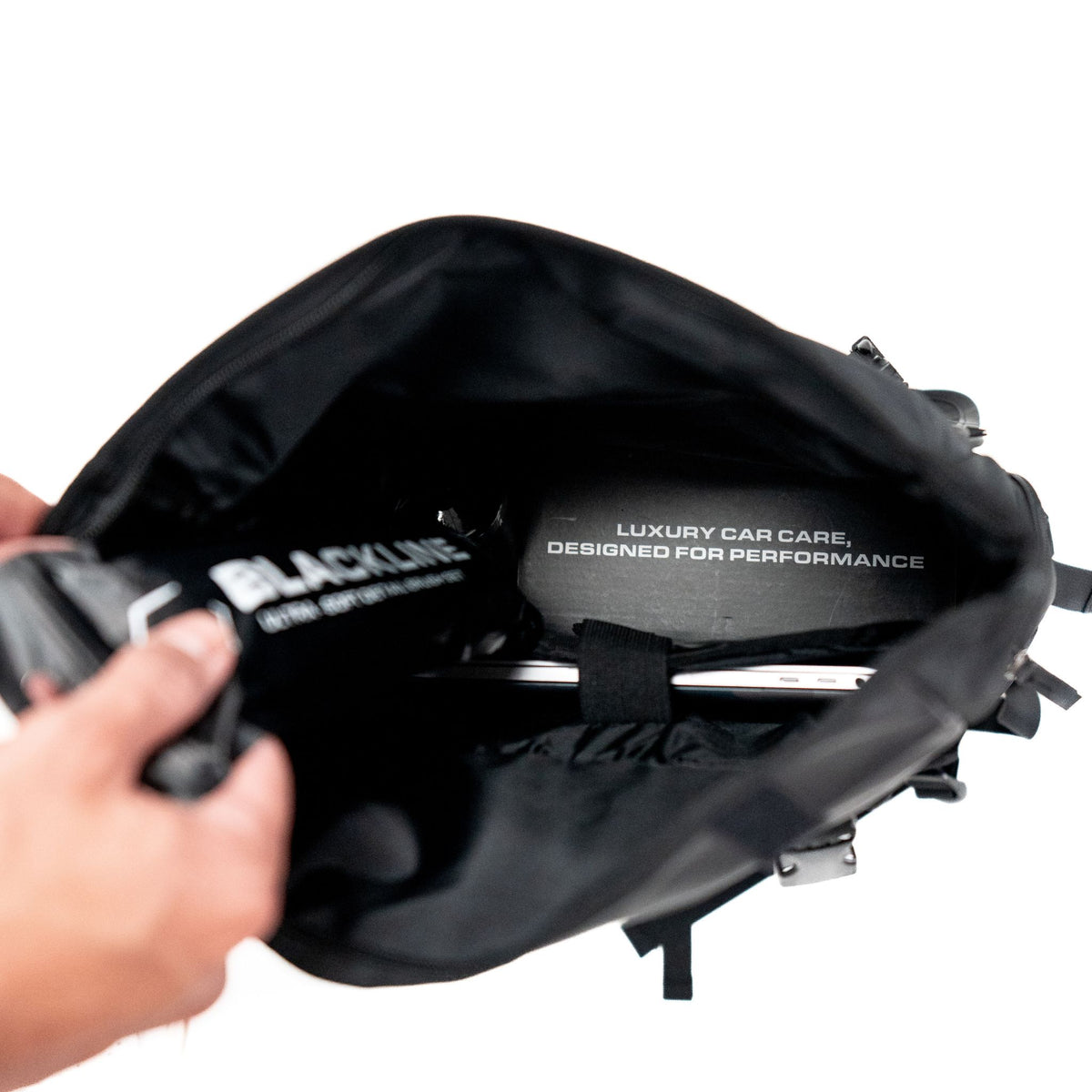 Blackline Essential Backpack with detailing supplies organized inside.