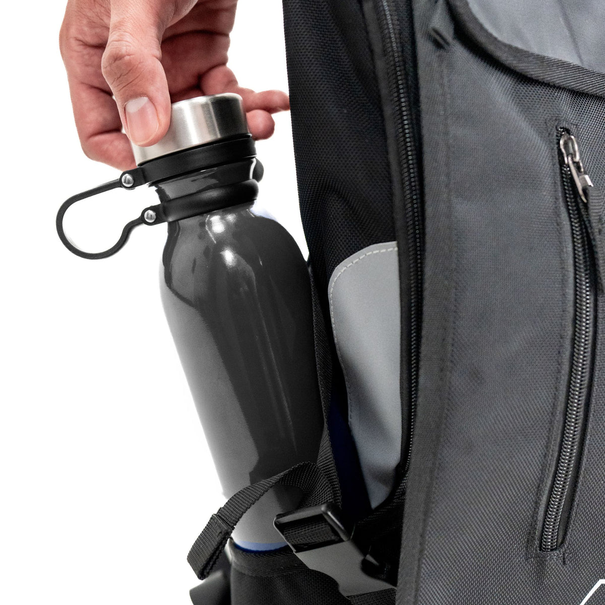 Detail of the Blackline Essential Backpack zipper and material.