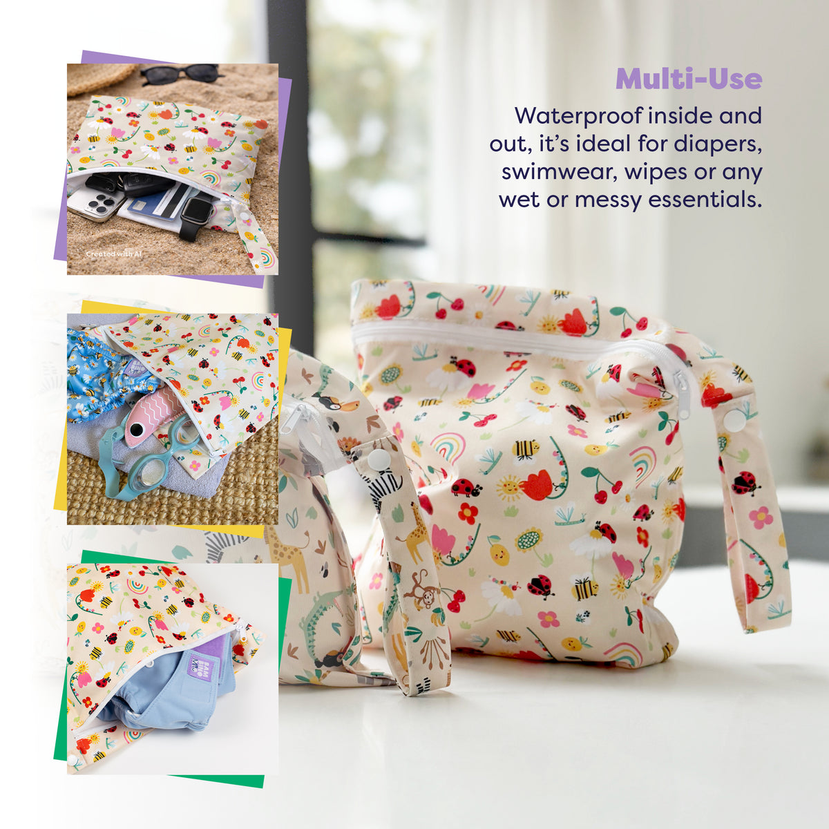 Out and About Waterproof Wet Diaper Bag in Sunshine Friends - Bambino Mio (EU)