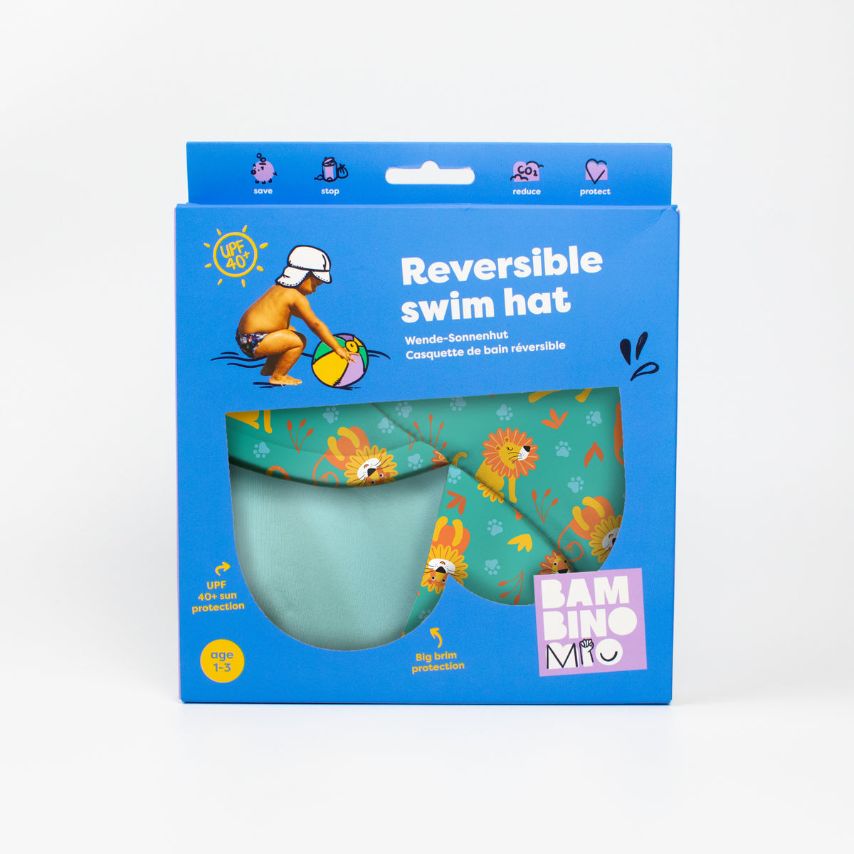 UPF 40+ Reversible Swim Hat for Babies and Toddlers in Cool Cats - Bambino Mio (EU)