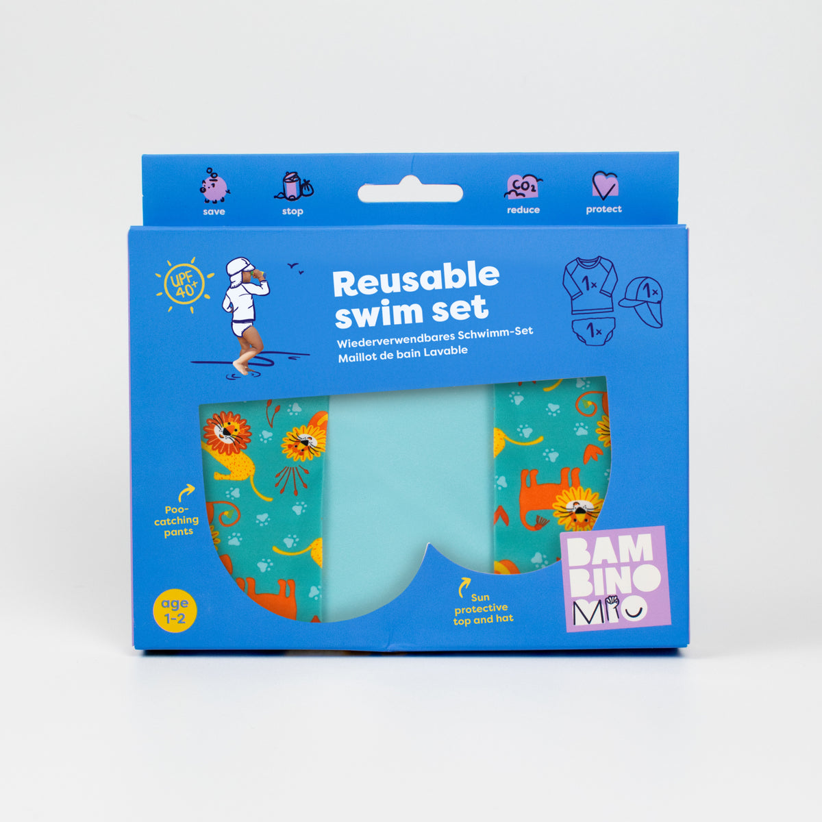3 Piece Baby Swim Set with Swim Nappy, Swim top and Swim Hat in Cool Cats - Bambino Mio (EU)