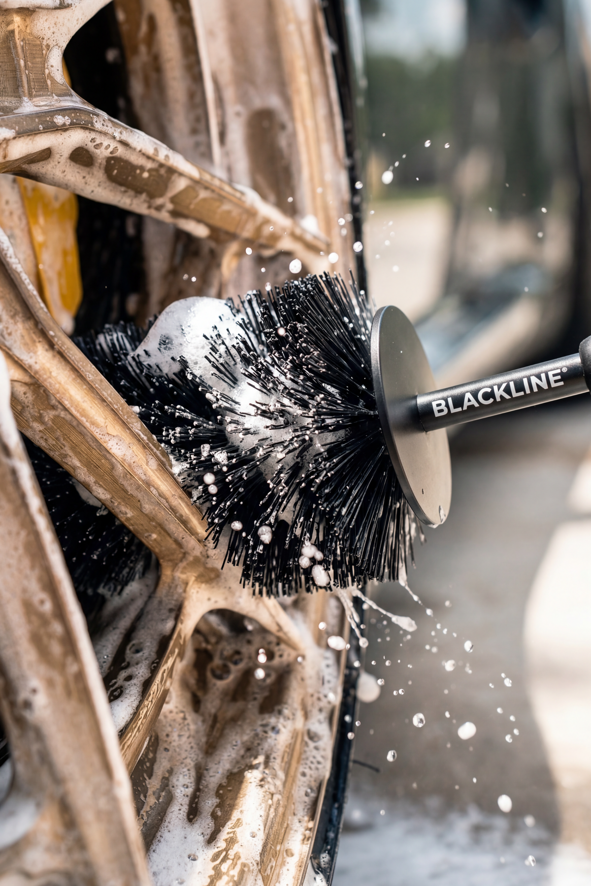 Wheel Barrel Brush in use during wheel cleaning.