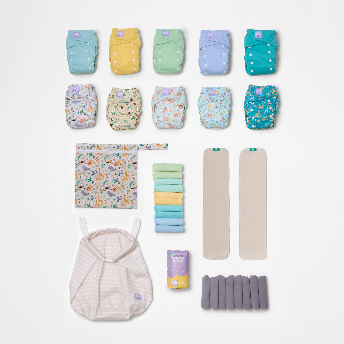 The Essentials Reusable Diaper Bundle in Wildlife + Pastels - Bambino Mio (EU)