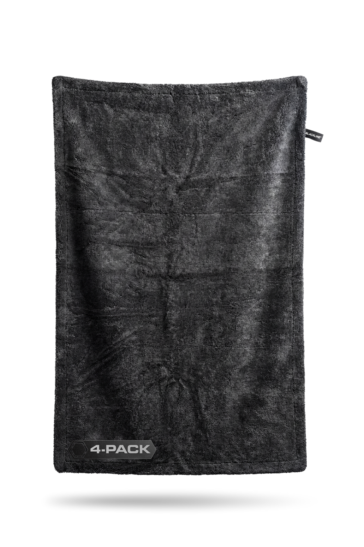 Black plush twisted-loop microfiber drying towel laid flat with a 4-PACK badge in the lower left, carbon color.