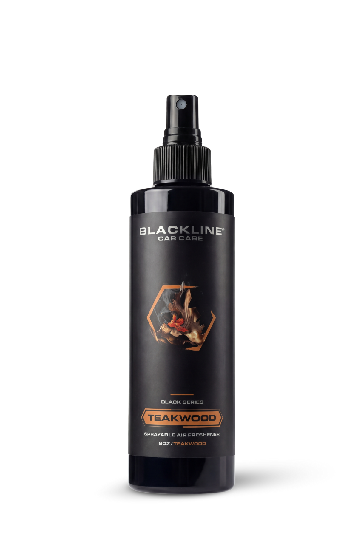 Blackline 8oz air freshener spray in Teakwood scent, black bottle.