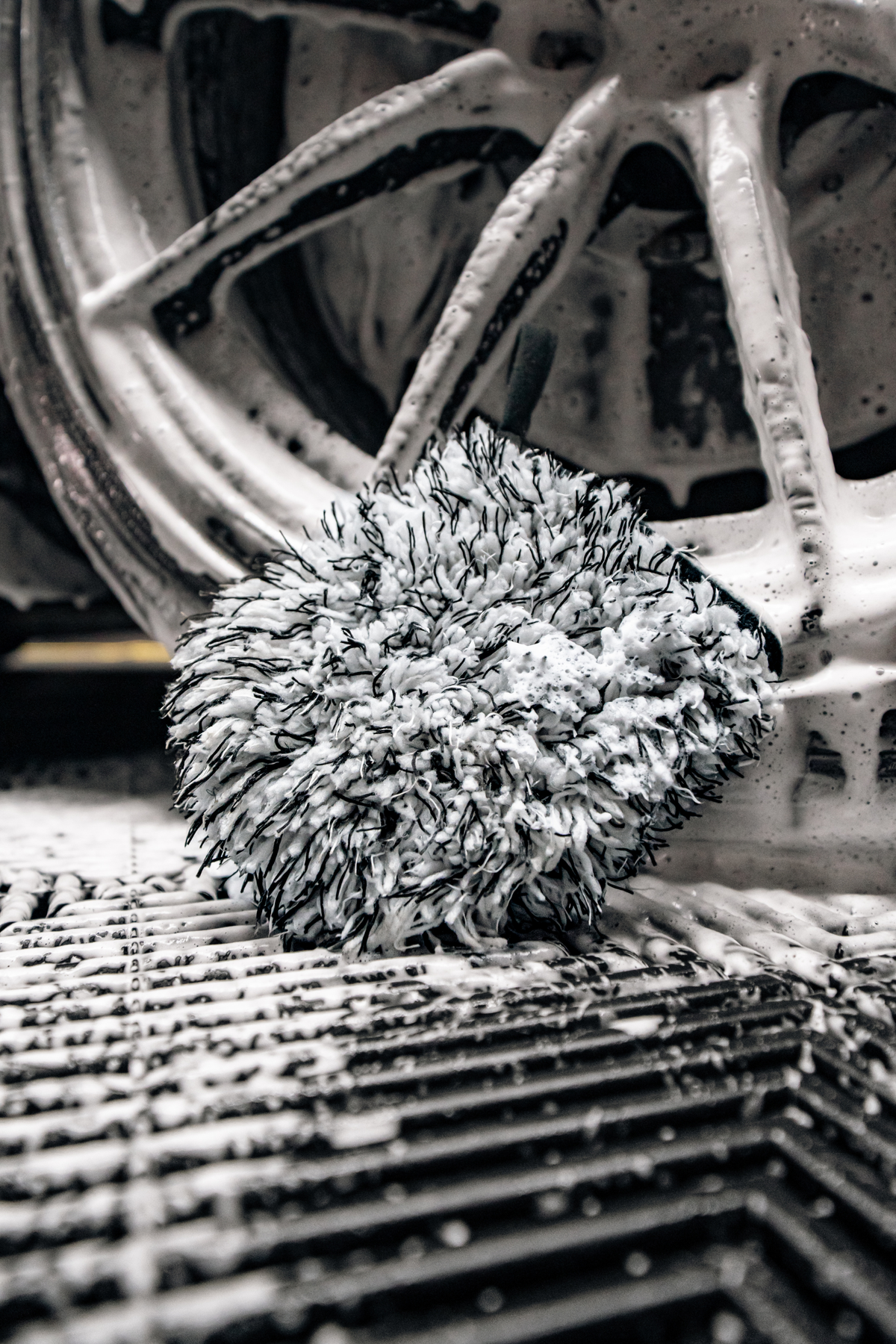 Close-up of the microfiber bristles on the Blackline Wheel Mitt.