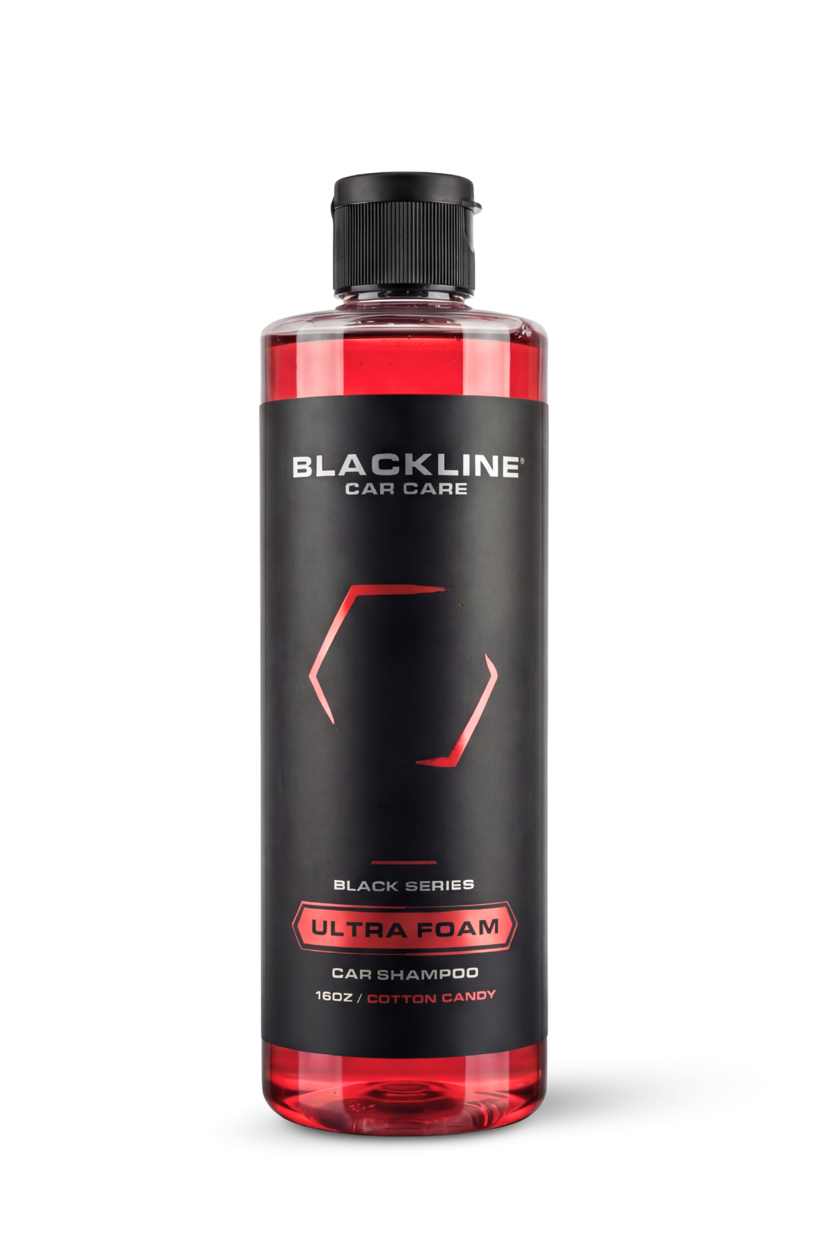 Blackline Ultra Foam car shampoo in Cotton Candy scent, 16oz black bottle with pink-tinted liquid visible at the top.