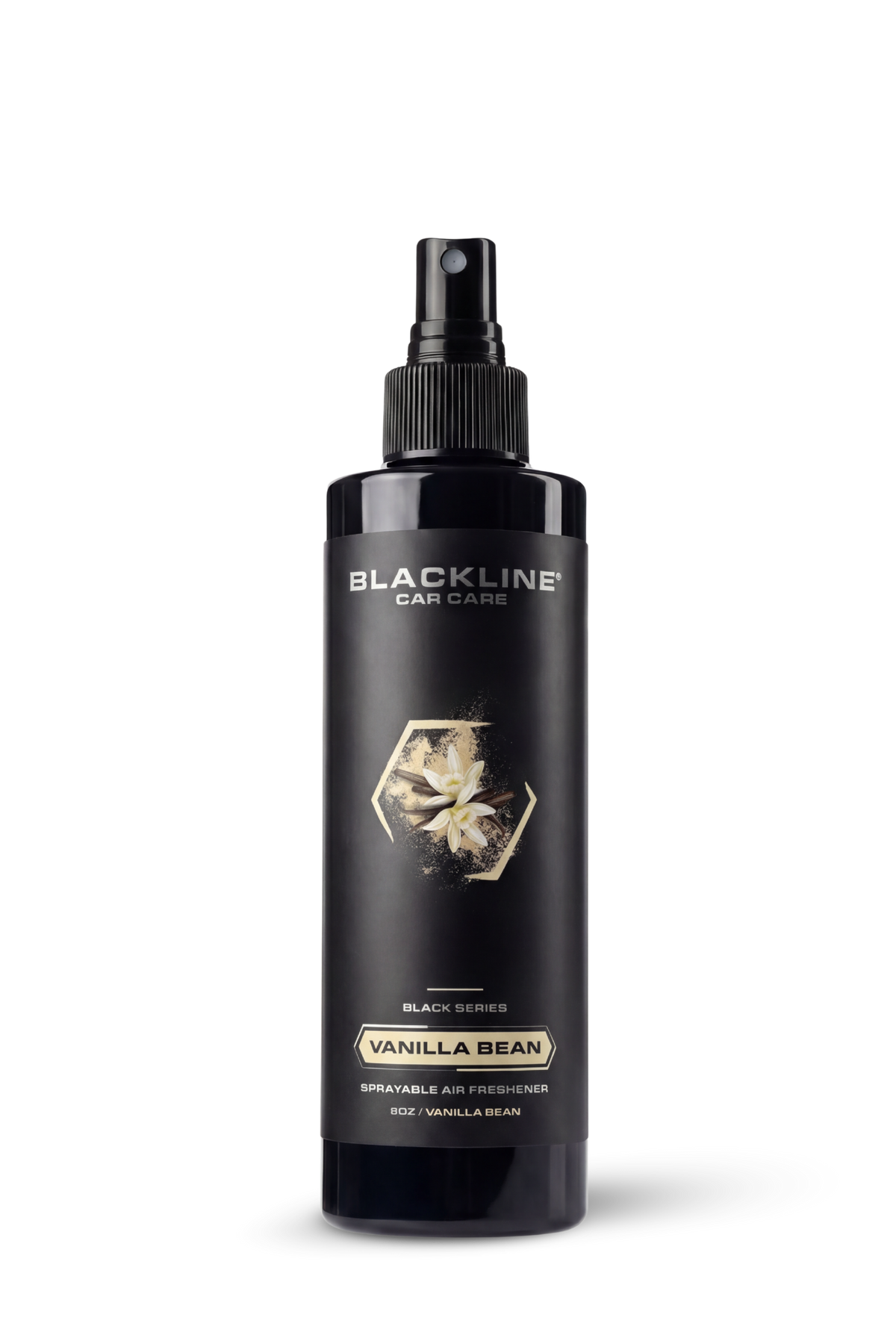 Blackline 8oz air freshener spray in Vanilla scent, black bottle.