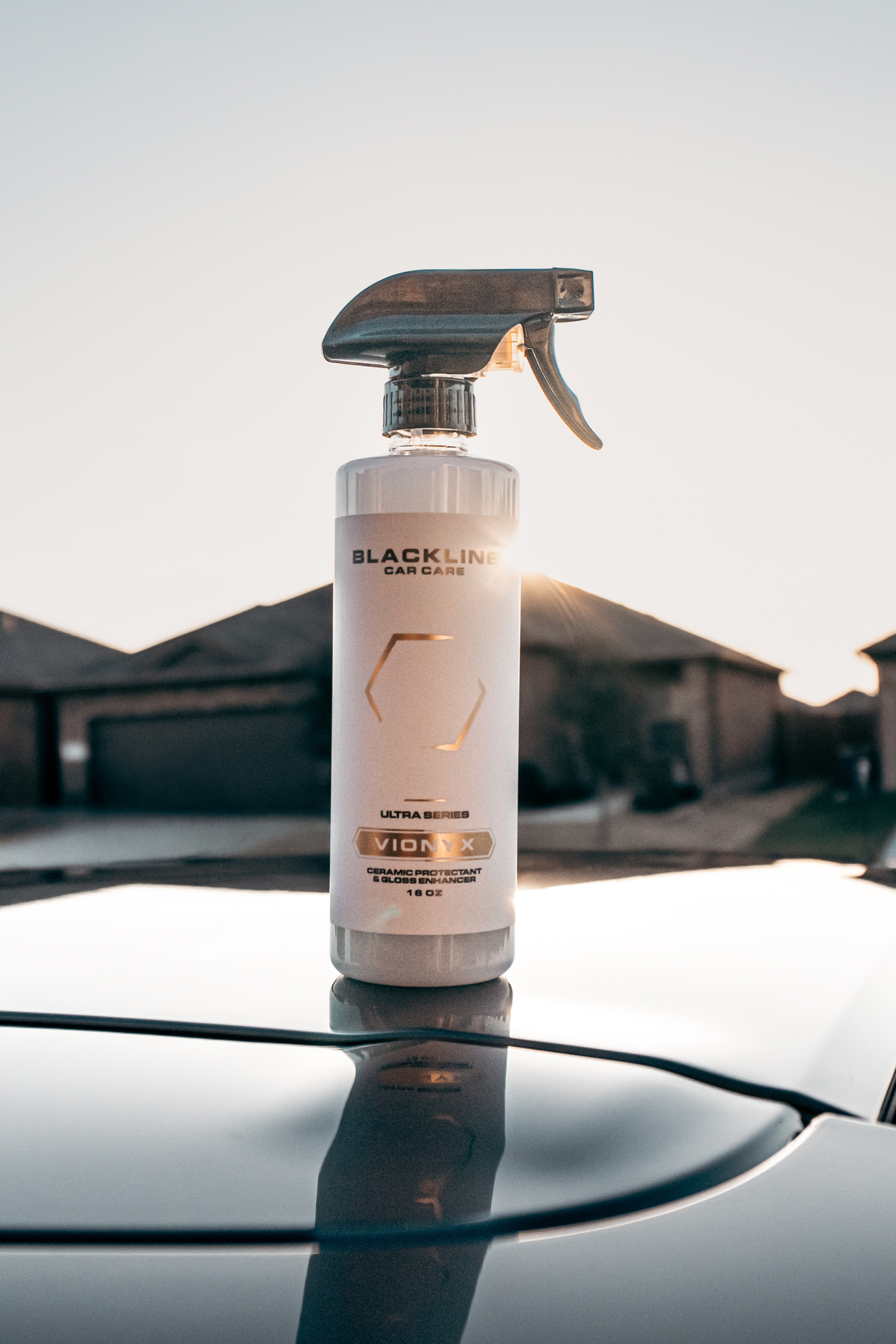 Close-up of Blackline Vionyx spray bottle during product application.