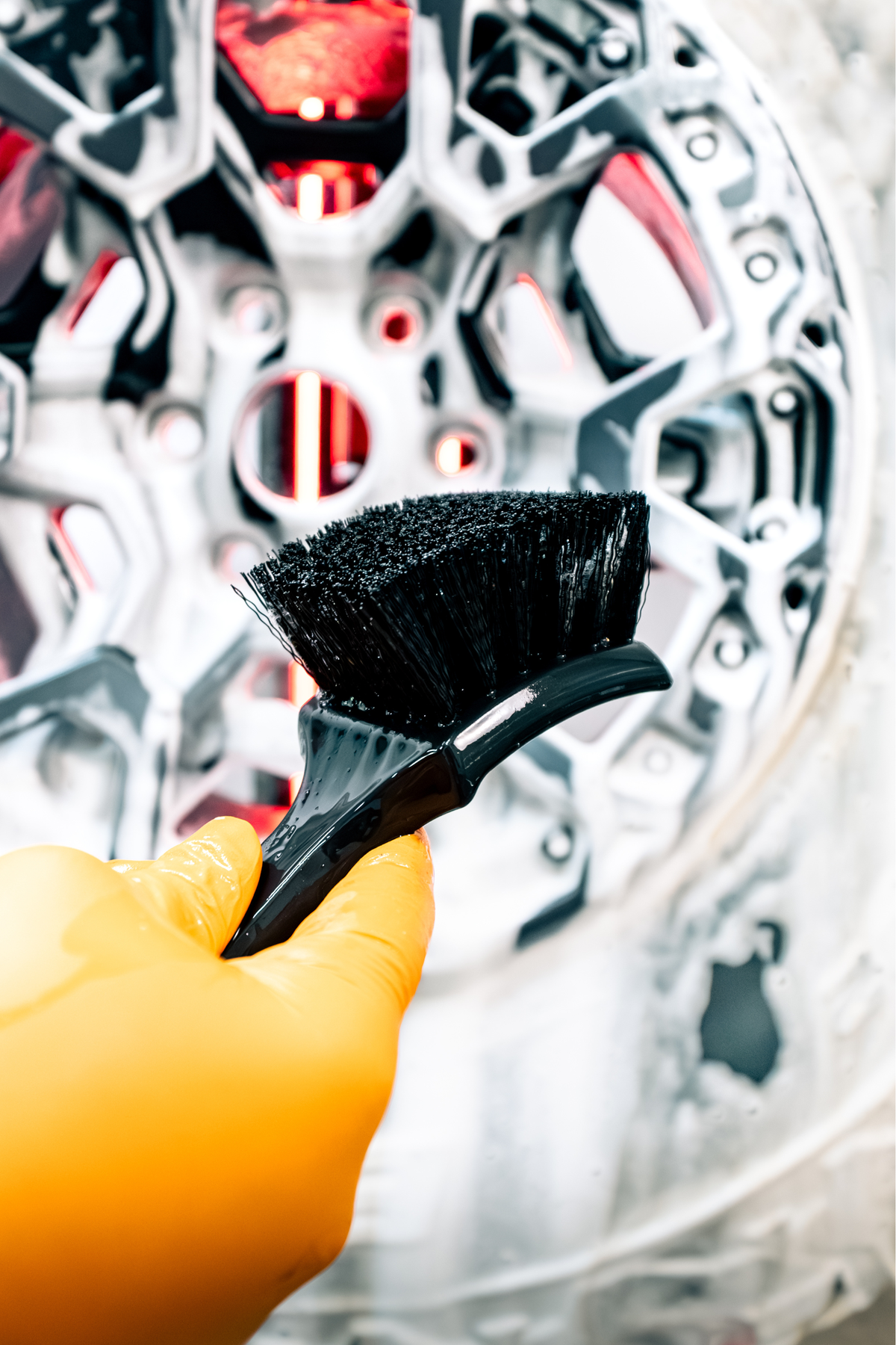Stiff bristle tire brush bristles in detail.