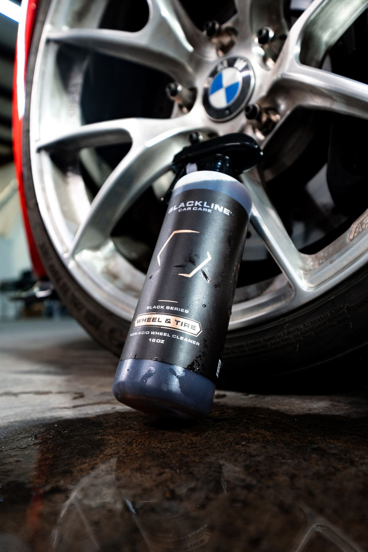 Tire sidewall after application with Blackline Blackout Kit.