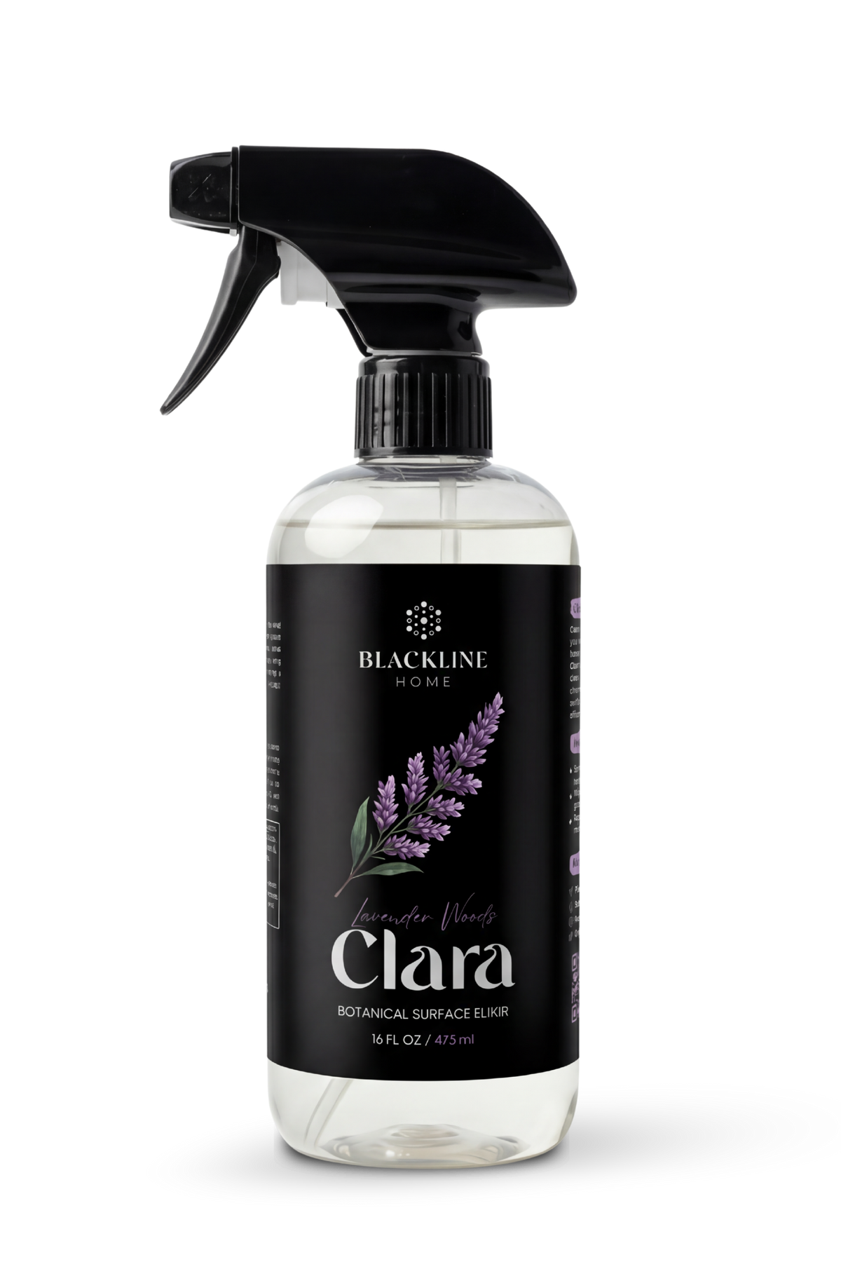 Blackline Home Clara plant-based biodegradable surface cleaner, 16oz spray bottle and trigger applicator.