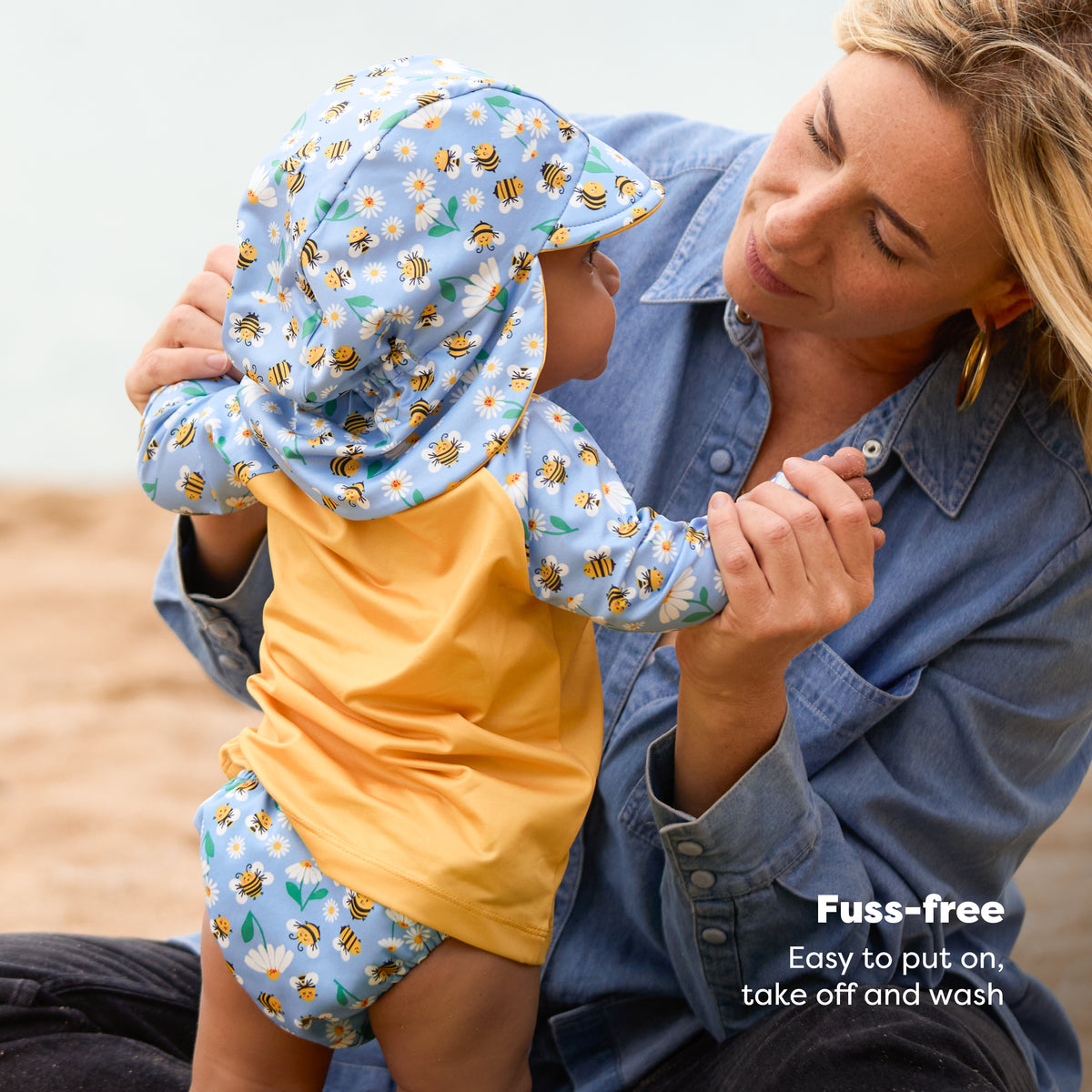 UPF 40+ Reversible Swim Hat for Babies and Toddlers in Busy Bees - Bambino Mio (EU)