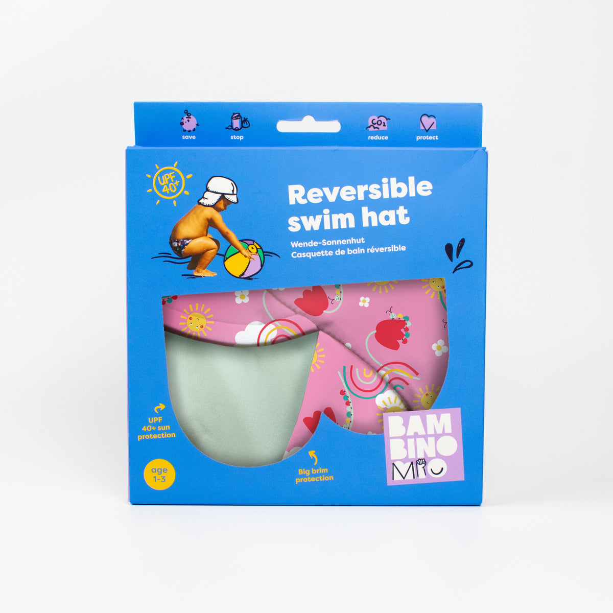 UPF 40+ Reversible Swim Hat for Babies and Toddlers in Happy Days - Bambino Mio (EU)