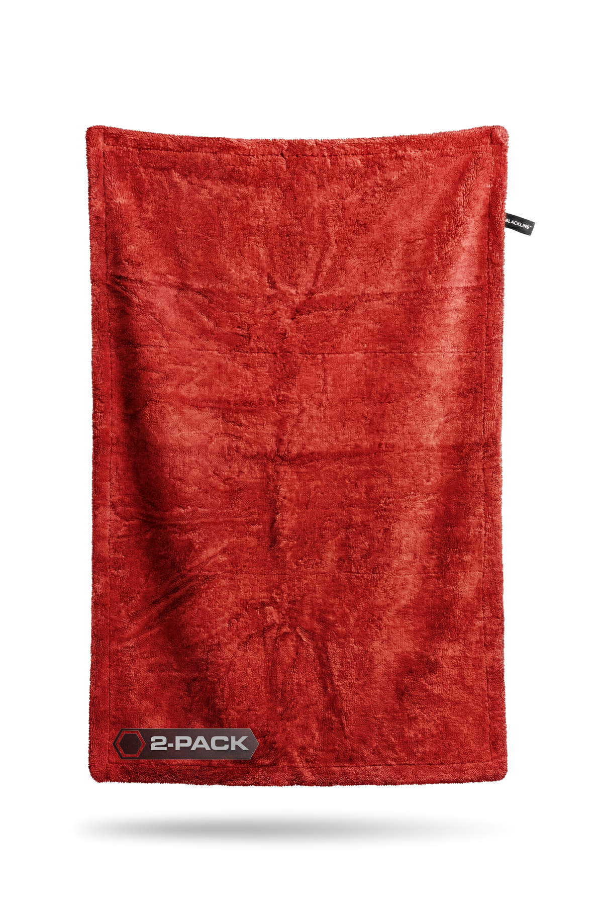 Crimson red Blackline twisted-loop drying towel laid flat with a 2-PACK badge in the lower left.
