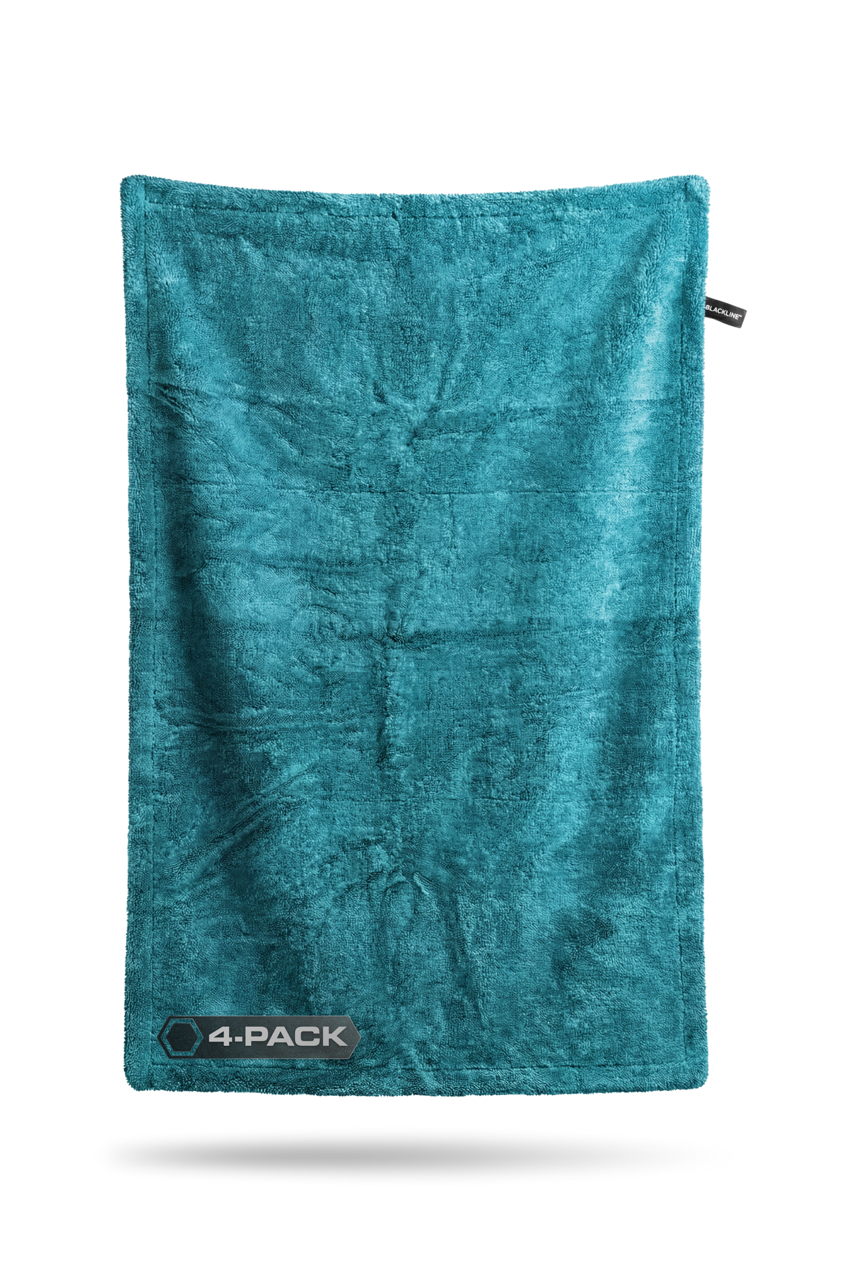 Aqua blue Blackline twisted-loop drying towel laid flat with a 4-PACK badge in the lower left.