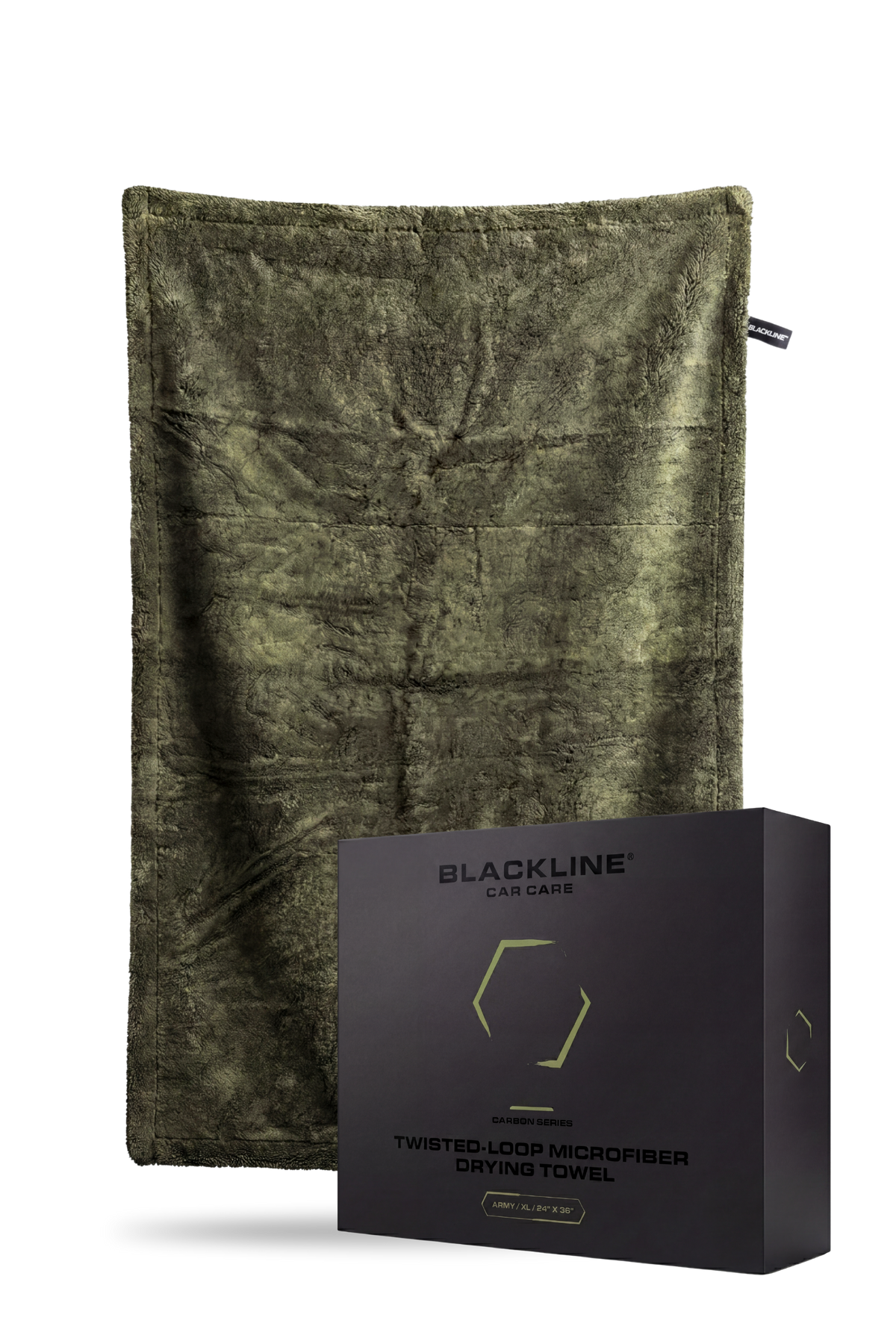 Army olive-green Blackline twisted-loop microfiber drying towel laid flat, single-pack option.
