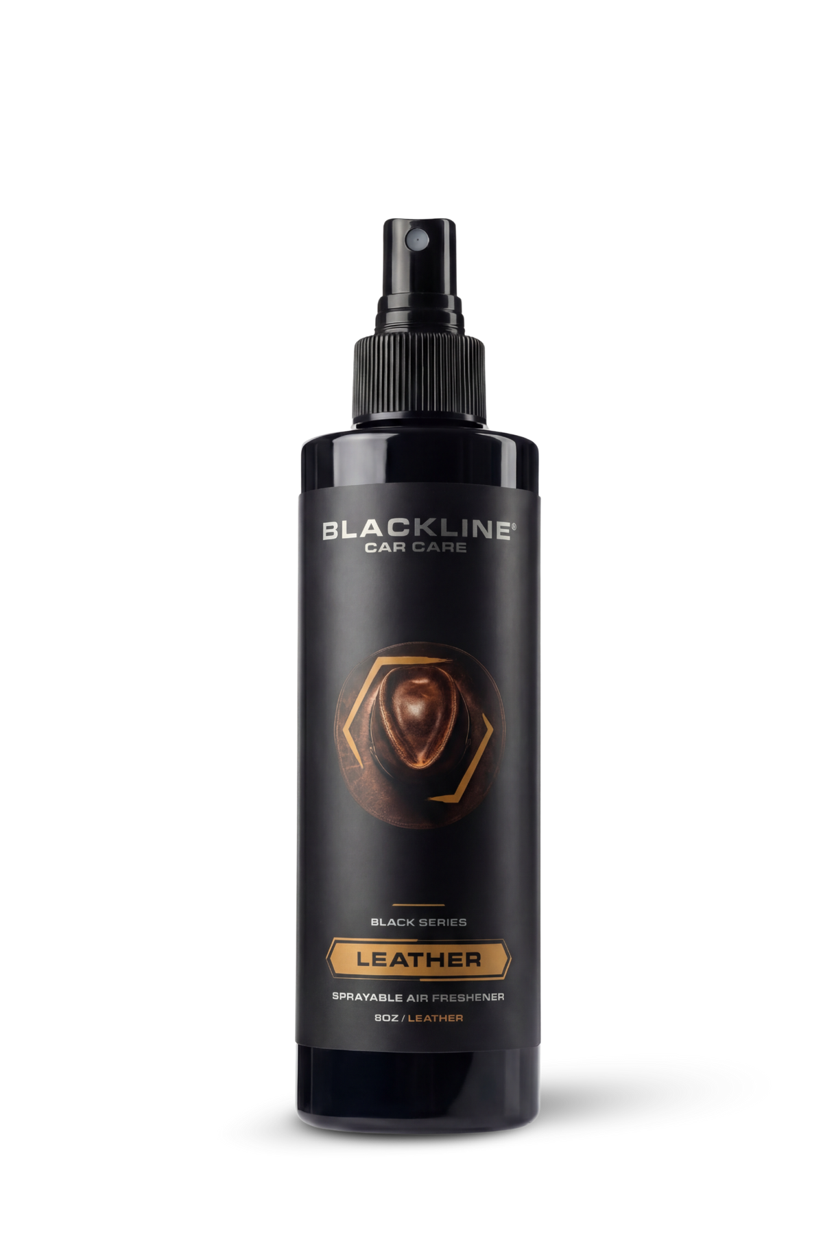 Blackline 8oz air freshener spray in Leather scent, black bottle.