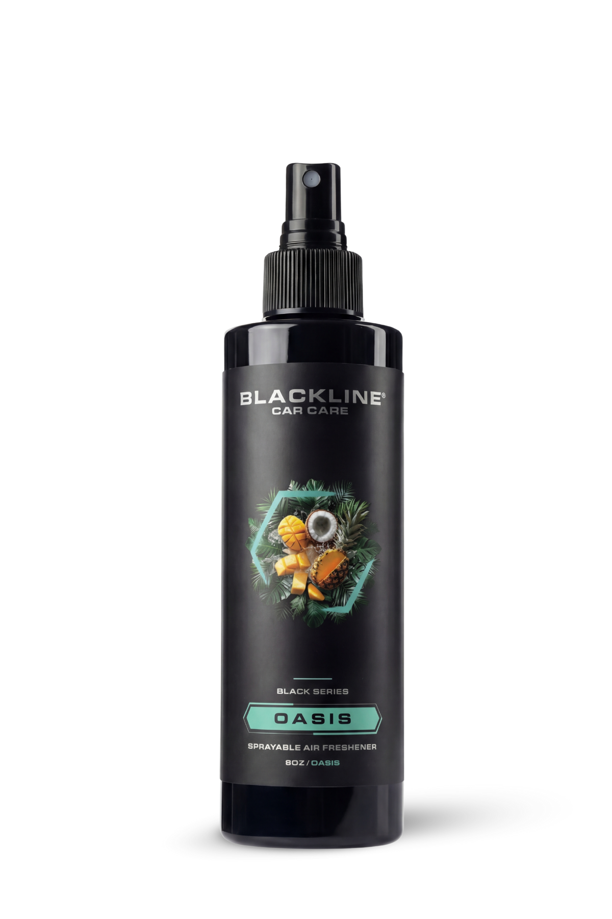 Blackline 8oz air freshener spray in Oasis scent, black bottle with teal artwork.