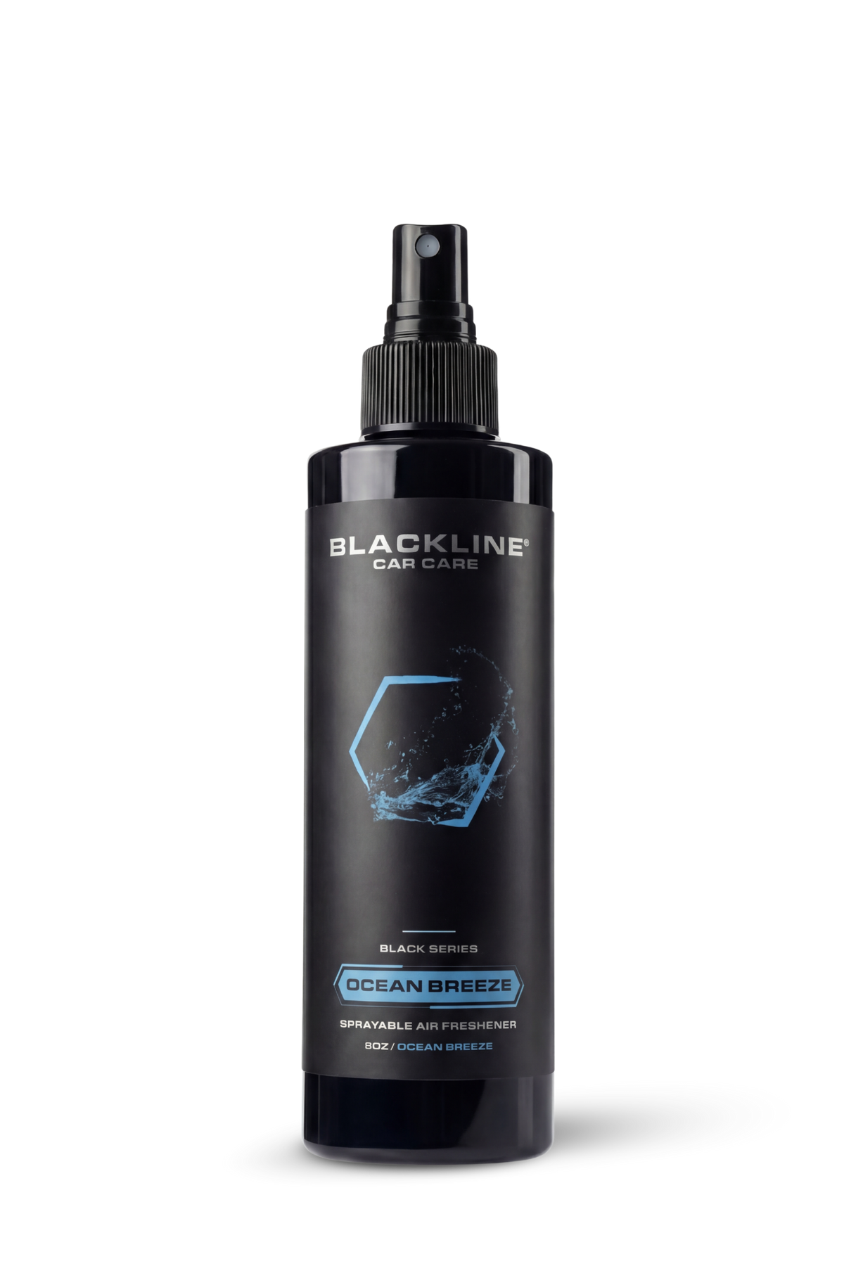Blackline 8oz air freshener spray in Ocean Breeze scent, black bottle.