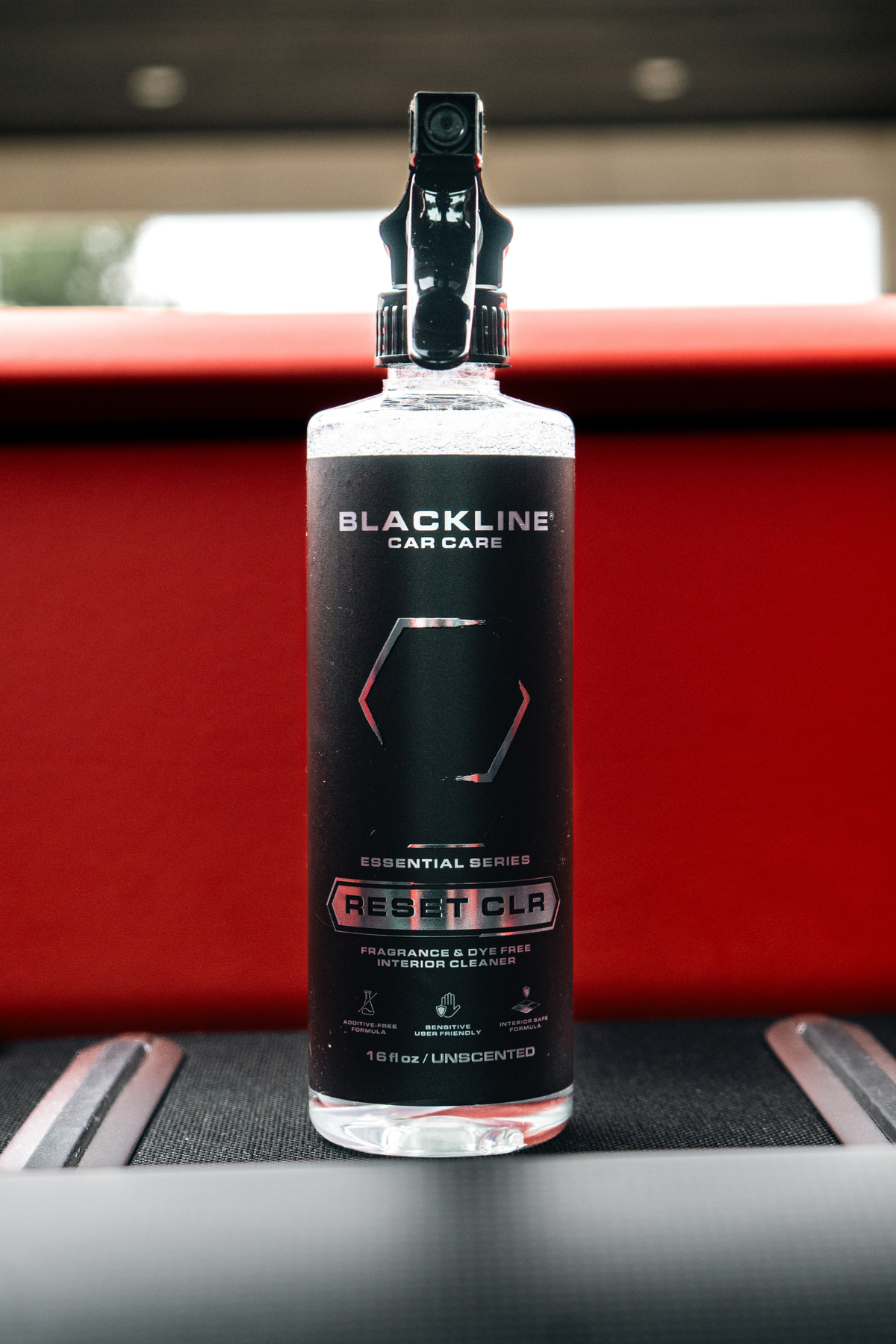 Blackline Reset CLR interior cleaner spray bottle close-up zoom