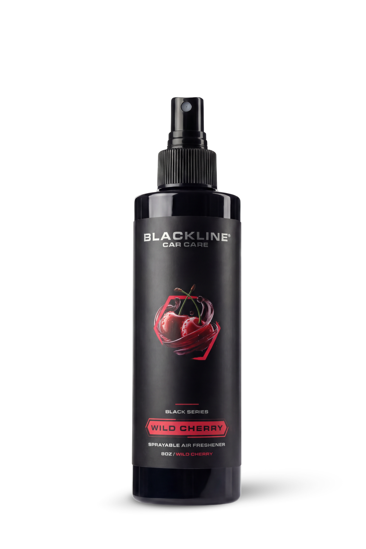 Blackline 8oz air freshener spray in Wild Cherry scent, black bottle with red cherry artwork.